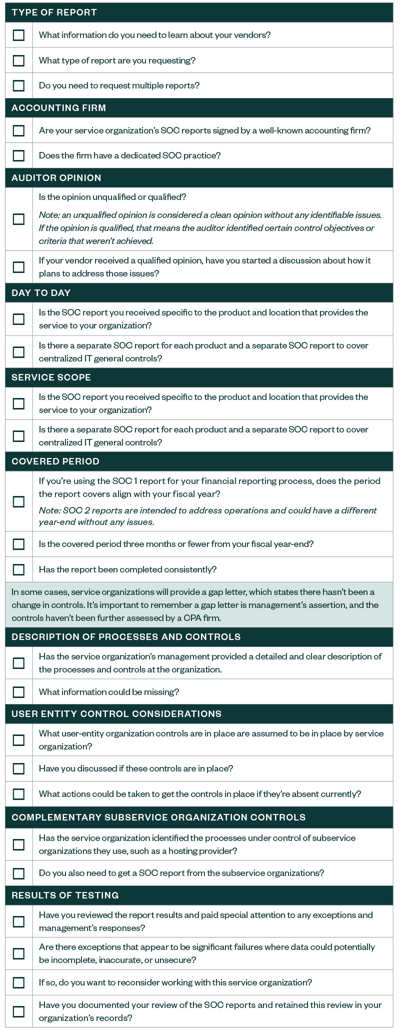 Checklist of items to help review vendors' SOC report, such as auditor opinion