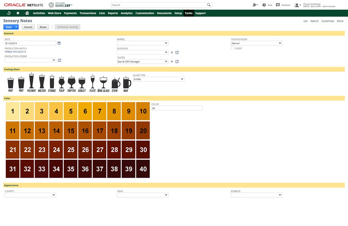 Barrel ERP's ability to create a brewers report of operations.
