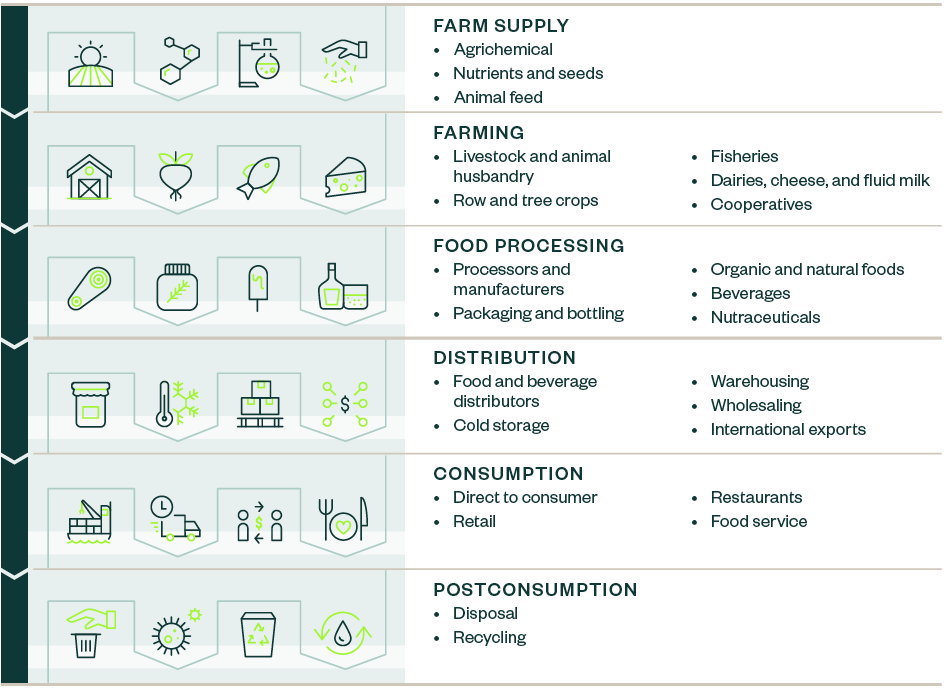 Agribusiness supply chain infographic beginning with Farm Supply and Farming and ending with Consumption and Post Consumption